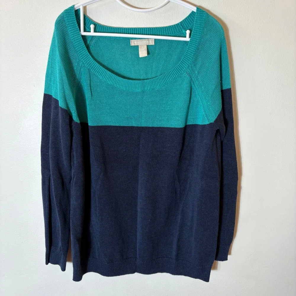 Banana Republic Colorblock Sweater Teal Navy Long Sleeve Knit Top Large